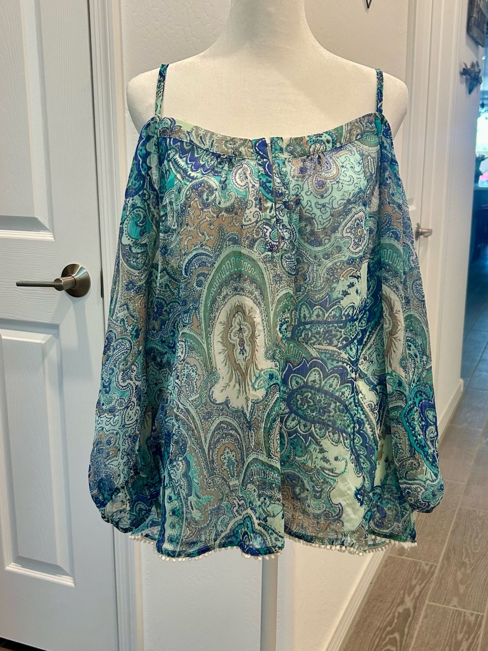 Boho Paisley Off-Shoulder Blouse - Teal Multi